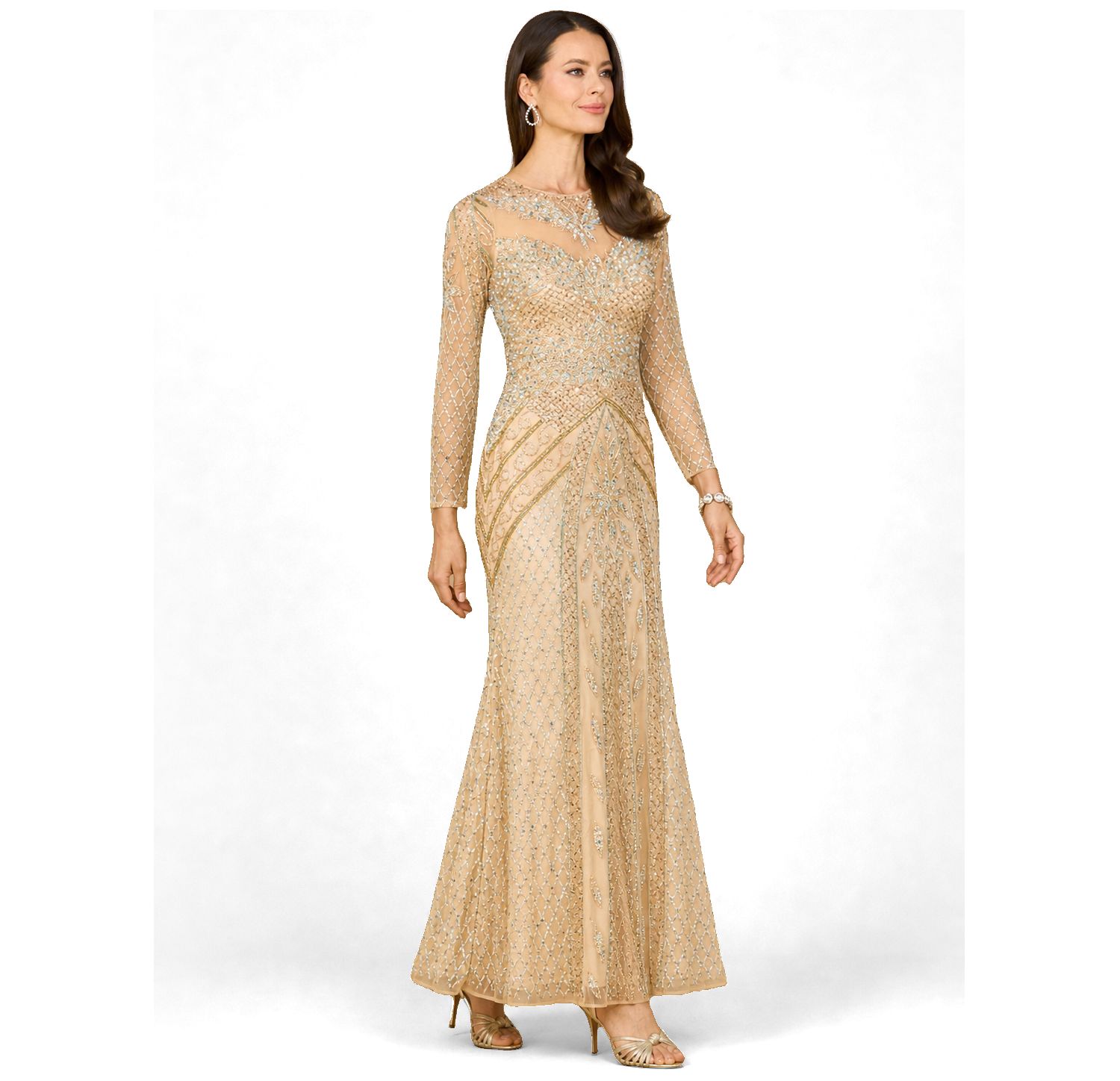 Women's Illusion Neck Long Sleeve Beaded Gown