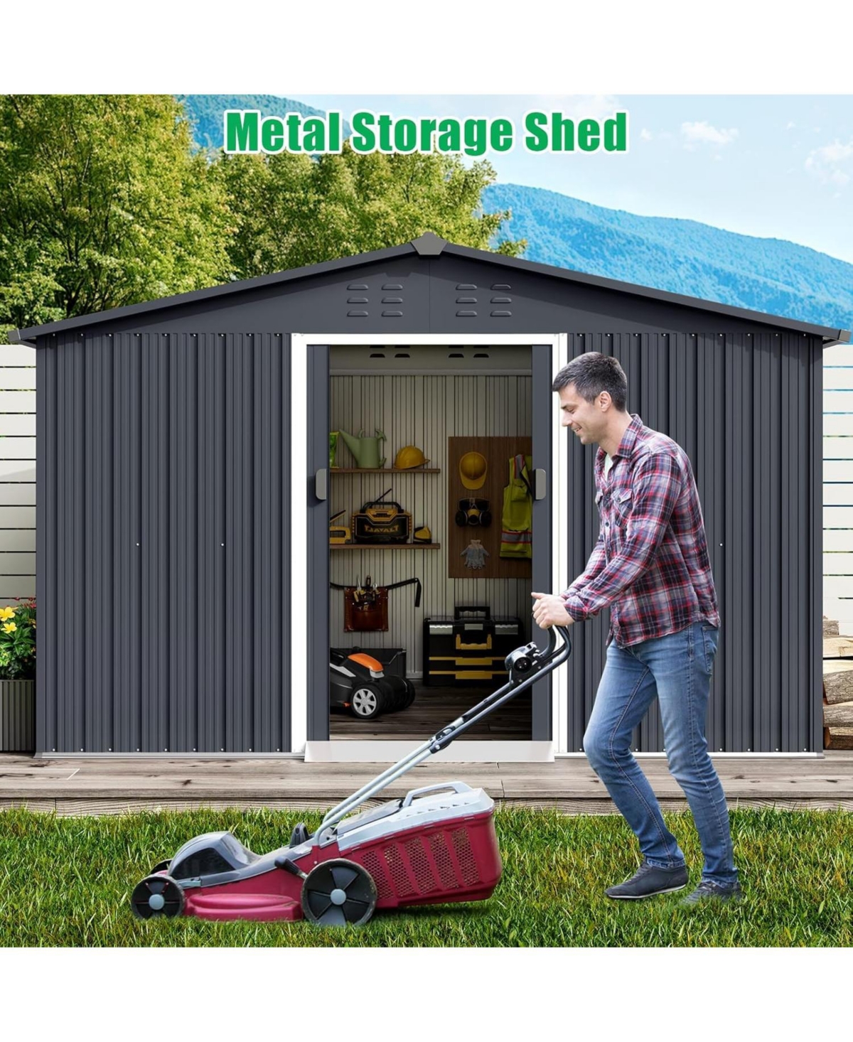 gaomon Outdoor Metal Storage Shed with Lockable Door - Large Galvanized Steel Garden Shed with Slanted Roof and Dual Vents