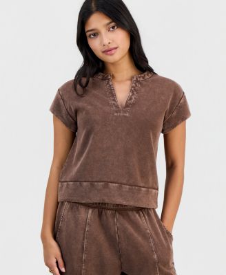 Petite French Terry Split-Neck Cap-Sleeve Top