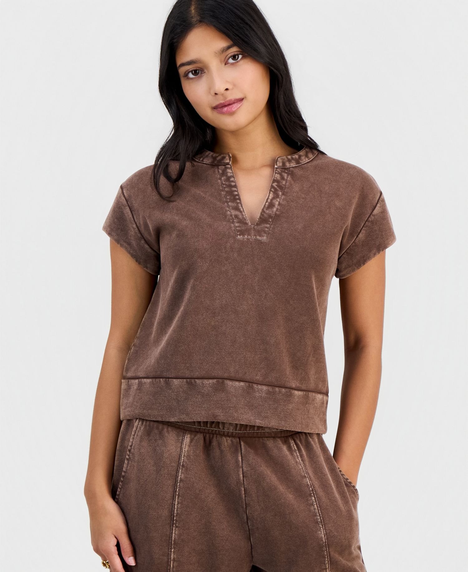 Petite French Terry Split-Neck Cap-Sleeve Top