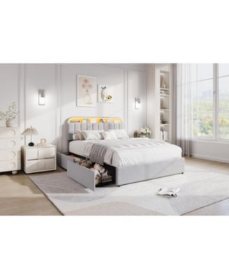Bed Frame with Storage Headboard, Kids Bed Frame with 2 Drawers, Velvet Upholstered Platform Bed Frame with Lights, No Box Spring Needed