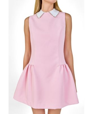 Women's Rhinestone Piping Collared Mini Pu Dress
