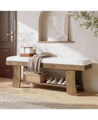  Upholstered Entryway Bench with Storage Shelf, Indoor Cushioned Shoe Bench Seat, Farmhouse Skinny End of Bed Benches