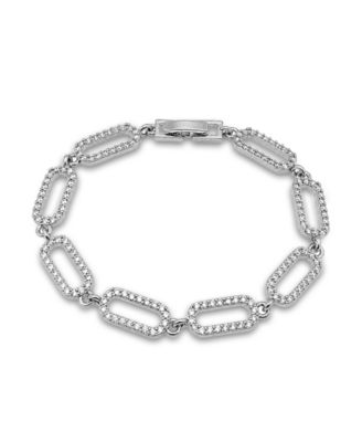 Pave Cubic Zirconia Paperclip Style Chain Link Bracelet 