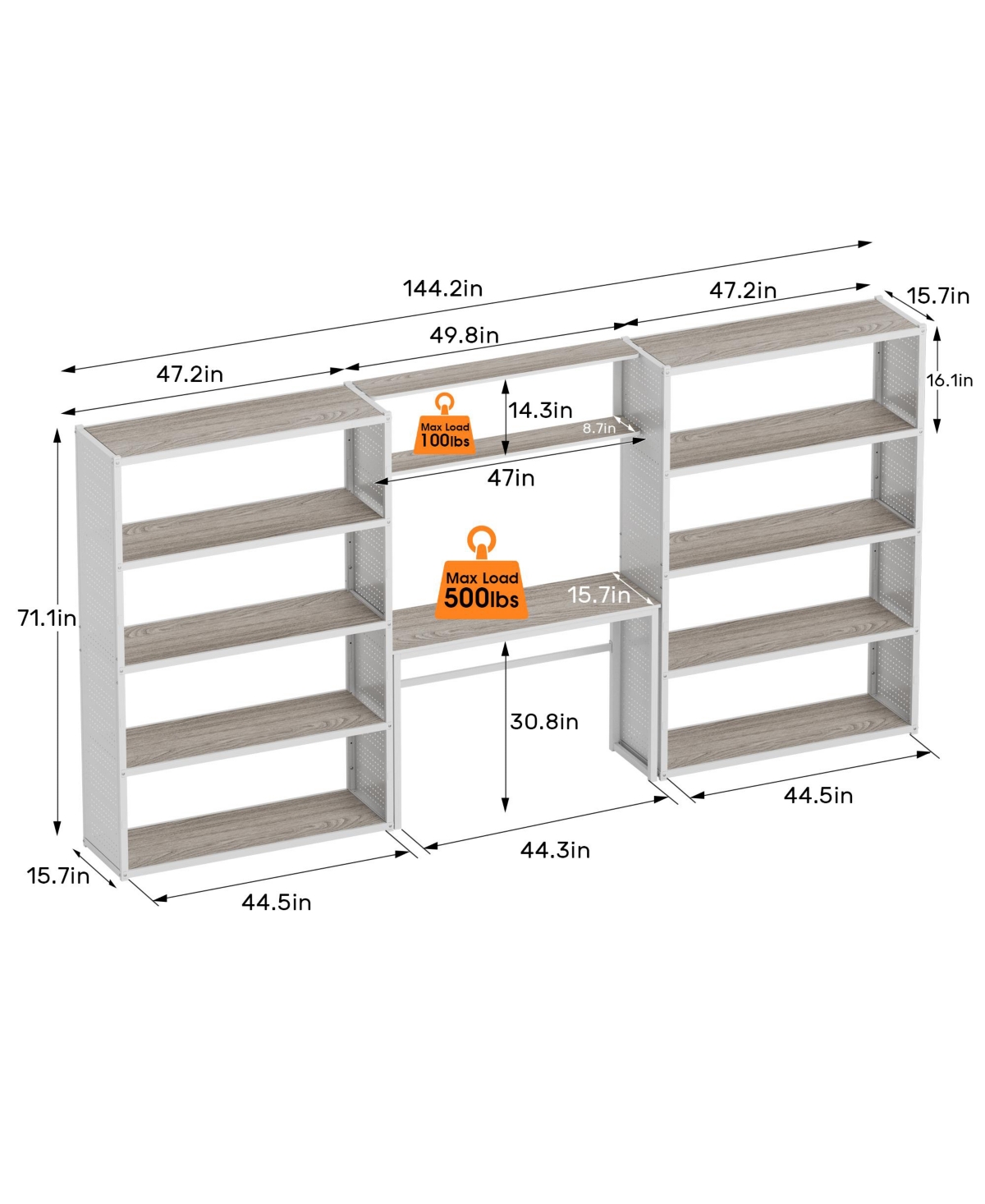 Heavy-Duty Wide Garage Storage and Workstation System with Side Pegboards, White (144.2 in. W x 71.1 in. H x 15.7 in. D