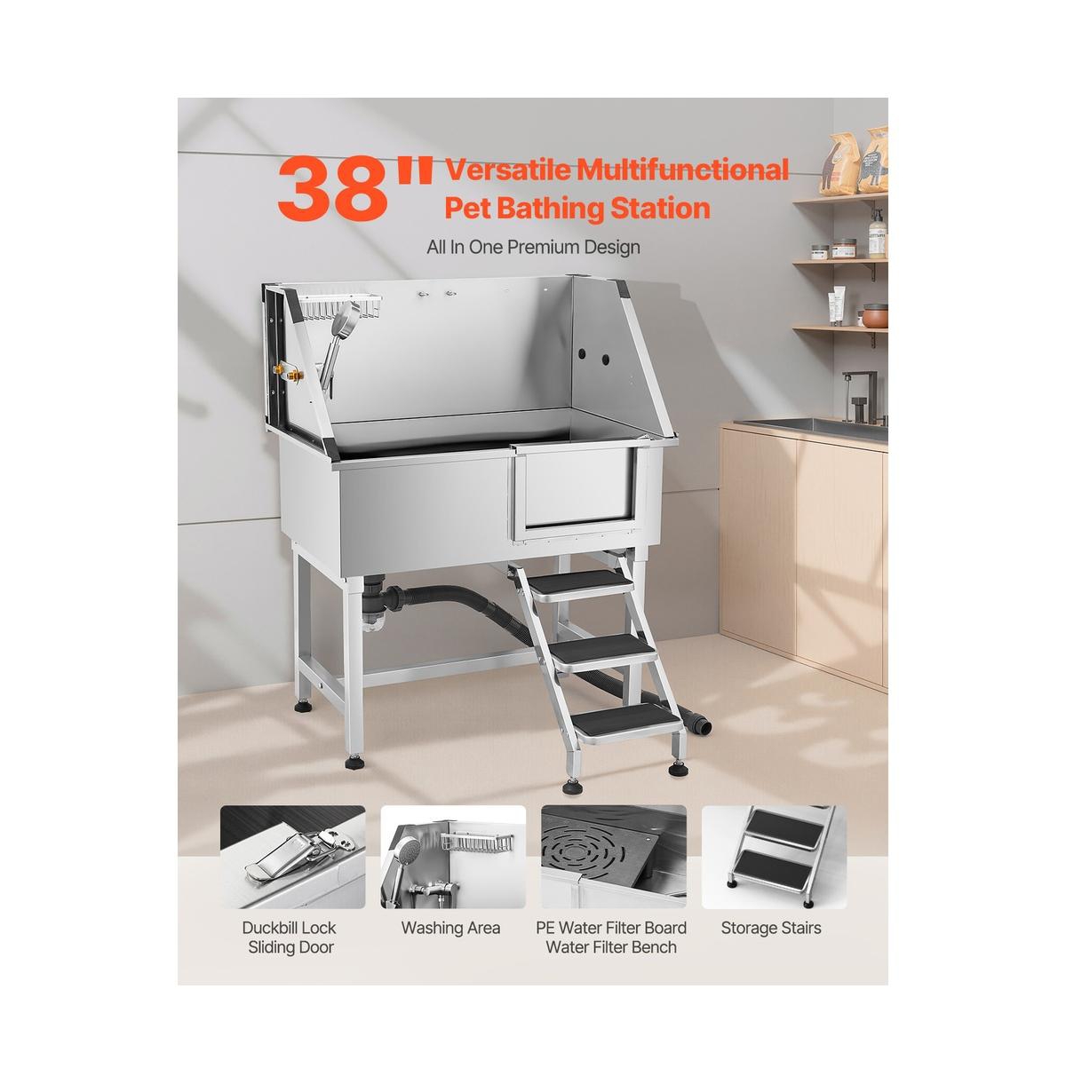 Ruie 38 inch Stainless Steel Dog Washing Station Pet Grooming Tub Hot Cold Faucet