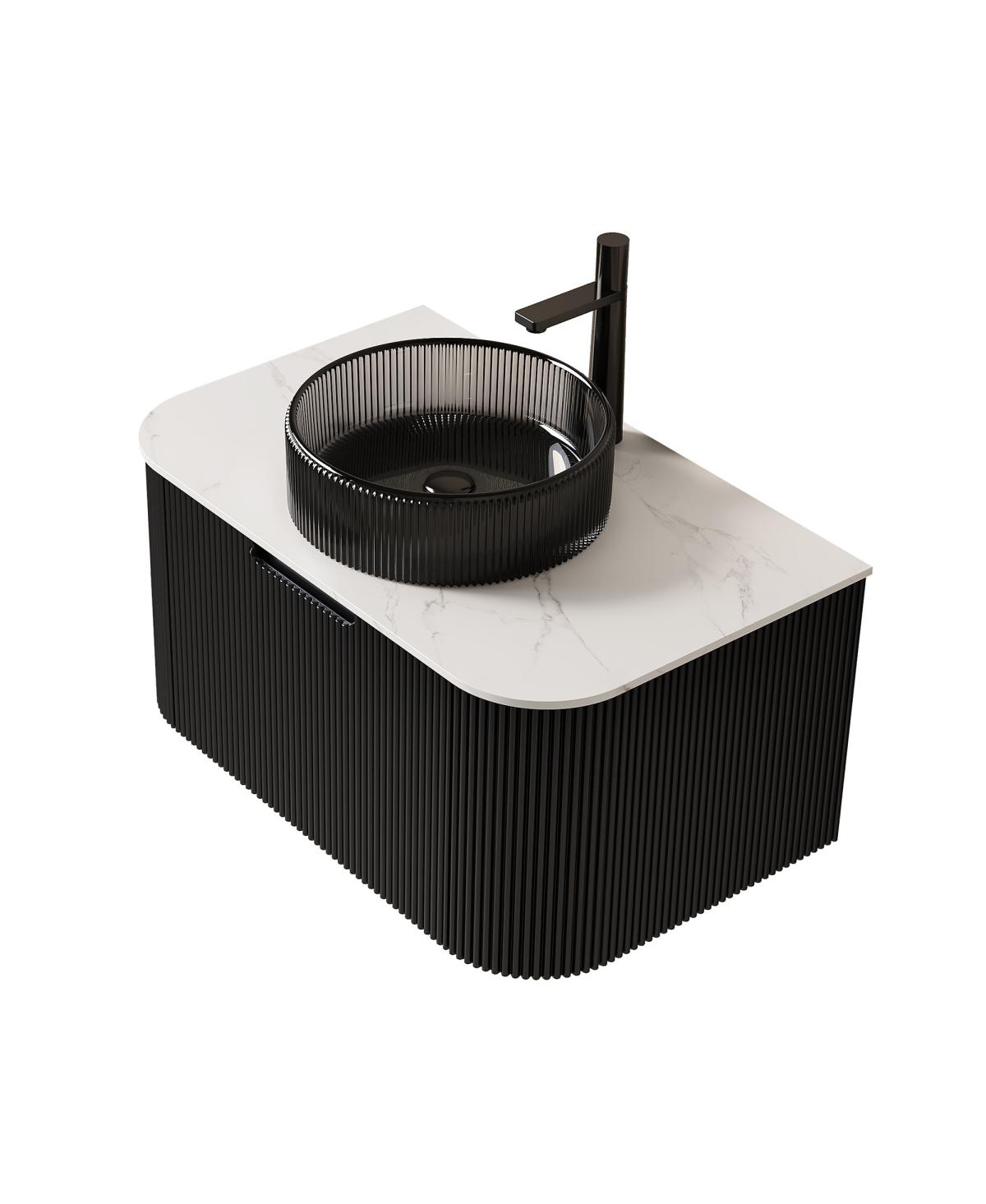 Sillysis Wall Mounted Bathroom Vanity with Glass Vessel Sink, 3D Stripe Plywood Cabinet, Soft Close Drawer
