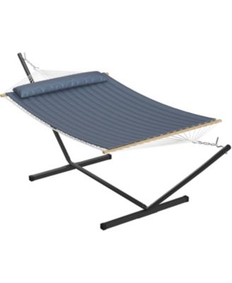 Hammock with Stand, 2 Person Heavy Duty Hammock with Soft Pillow and Balance Ropes, Stand Alone Hammock with Curved Spreader Bar, Backyard