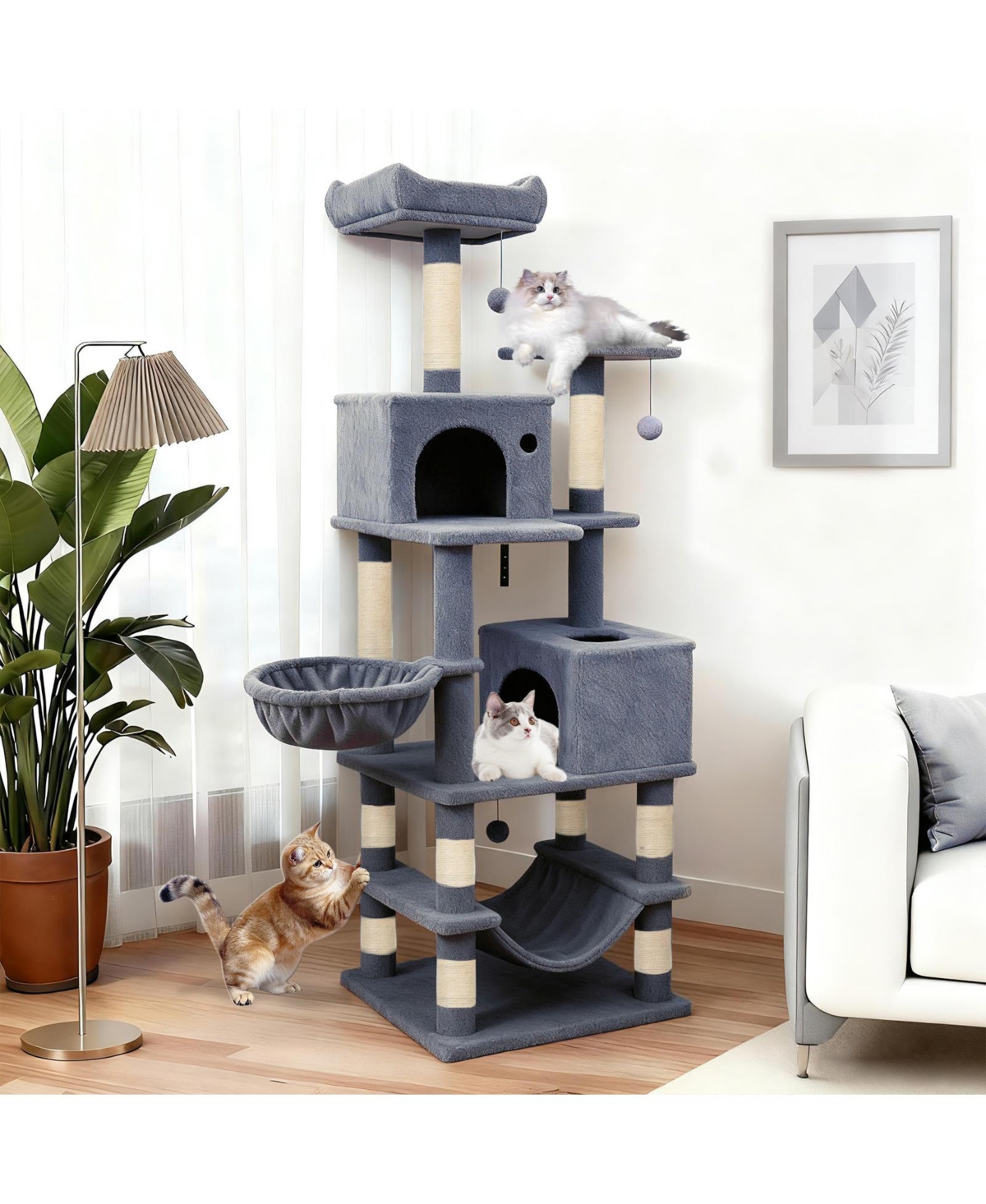 Gymax 66'' Tall Cat Tree With 2 Condos Sisal Scratching Posts Plush Perch Hammock Basket