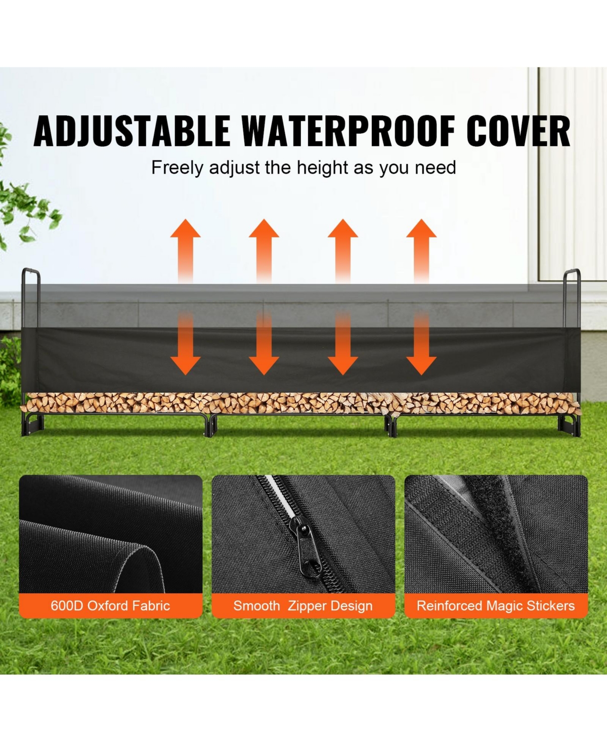Cozito Firewood Rack with Water-Resistant Cover, 150 x 14 x 46 in Outdoor Holder, 1/2 Cord