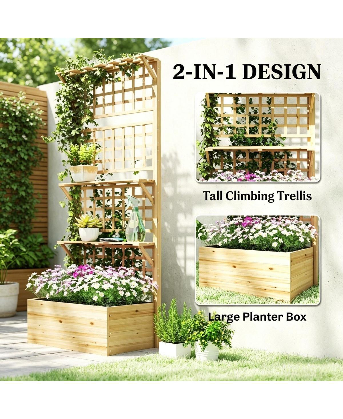 Asagikoiai Outdoor Wooden Planter Box with Trellis and Storage Shelves for Patio