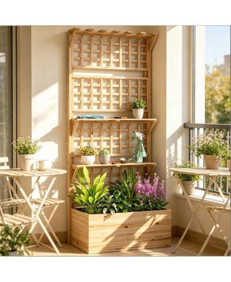 Outdoor Wooden Planter Box with Trellis and Storage Shelves for Patio