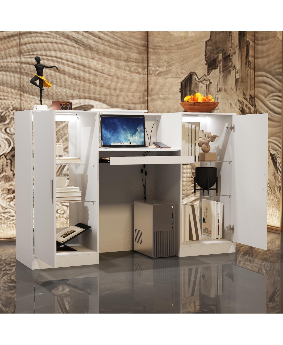 Homsee Modern 59 Inch Display Console - Tempered Glass Led Light Kit Engineered Wood