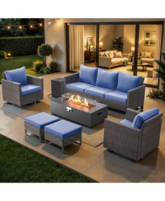 7 Pieces Patio Furniture Sets with Fire Pit Table Set, Wicker Rattan Outdoor Swivel Rocking Chairs Set with 3-Seat Couch and Ottomans