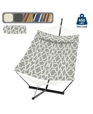 2-person hammock with stand, pillow, and balance rope, supporting up to 450 lbs-ideal for relaxing in outdoor patios or backyards.