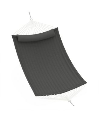  Durable double quilted hammock for 2 with curved spreader bar, pillow, and pockets, supports 450 lbs-perfect for backyard lounging.