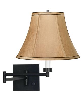 Modern Swing Arm Wall Lamp Plug-In Light Fixture Tan Fabric Bell Shade for Bedroom Bedside Living Room