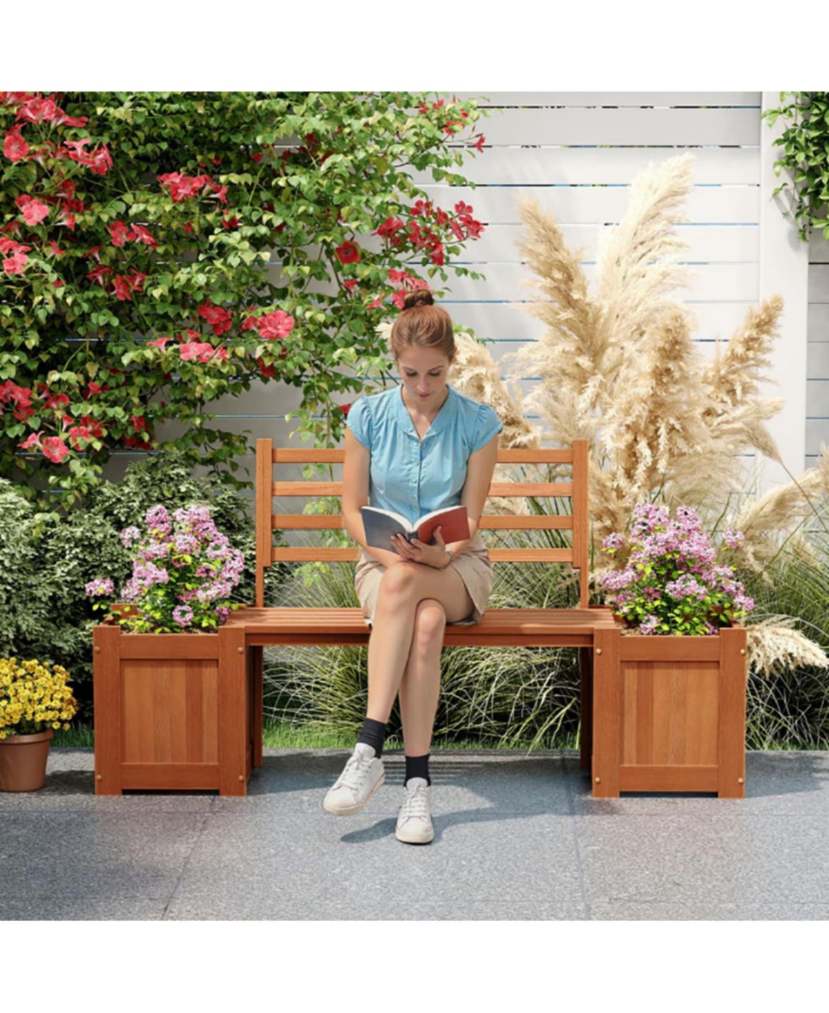 Yiortwo Outdoor Wooden Planter Bench with 2 Planter Boxes and Slatted Backrest
