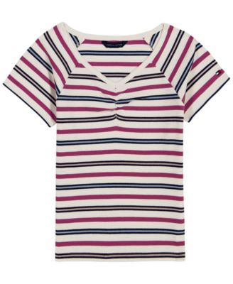 Girls' 7-16 Striped Ribbed V-Neck Short-Sleeve Top