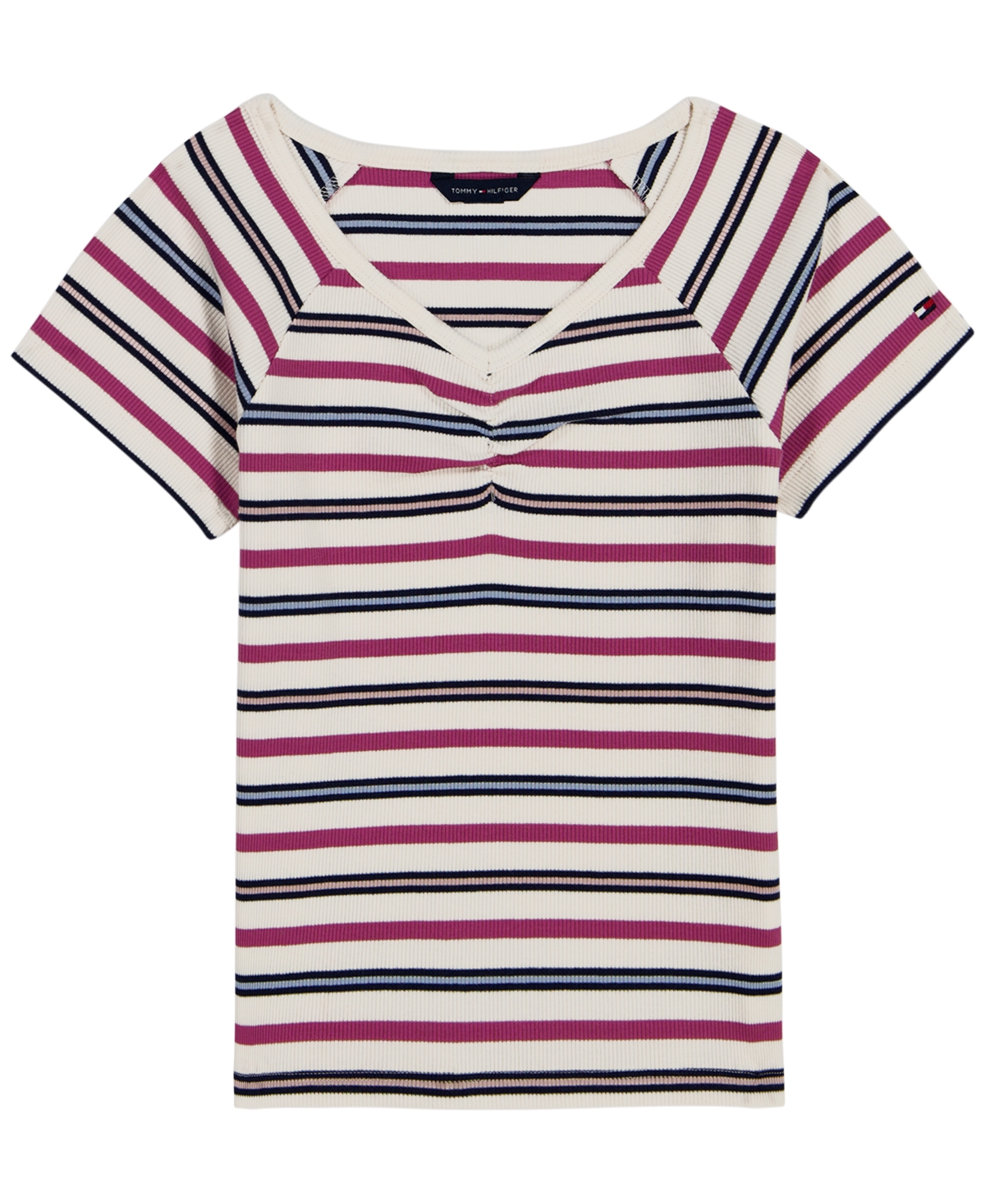Tommy Hilfiger Girls' 7-16 Striped Ribbed V-Neck Short-Sleeve Top