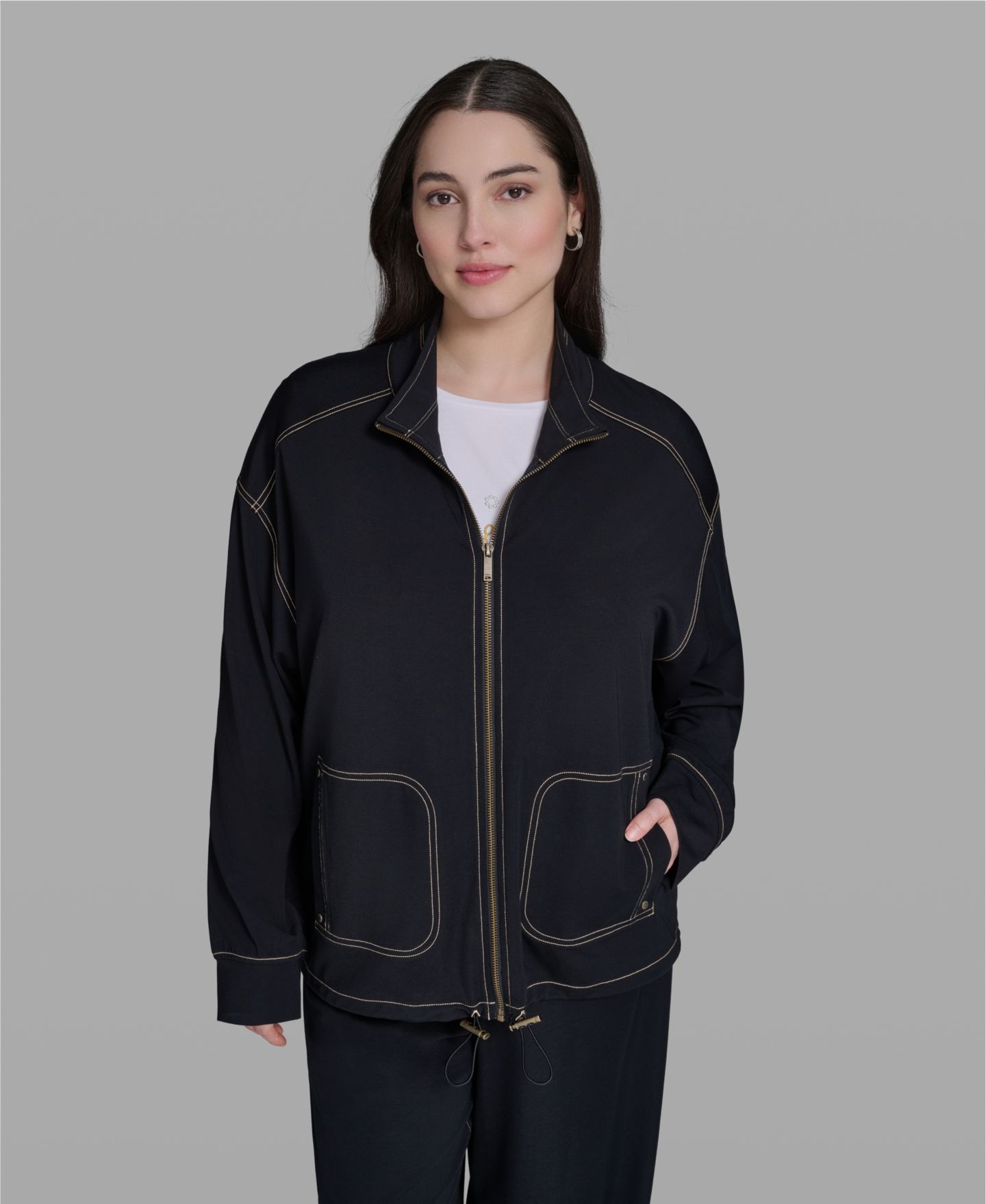 Женская куртка KARL LAGERFELD PARIS Plus Size Mock-Neck Zip-Front, цвет: Тёмно-синий — фото 1