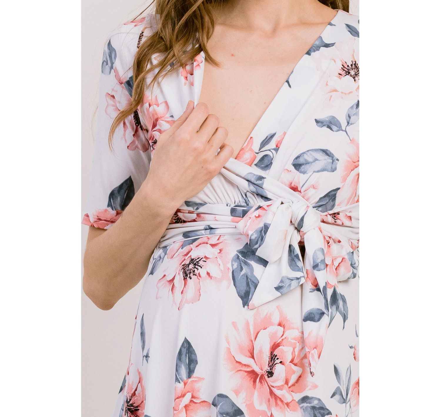 Women's Floral Short Sleeve Nursing Wrap Dress with Tie Waist