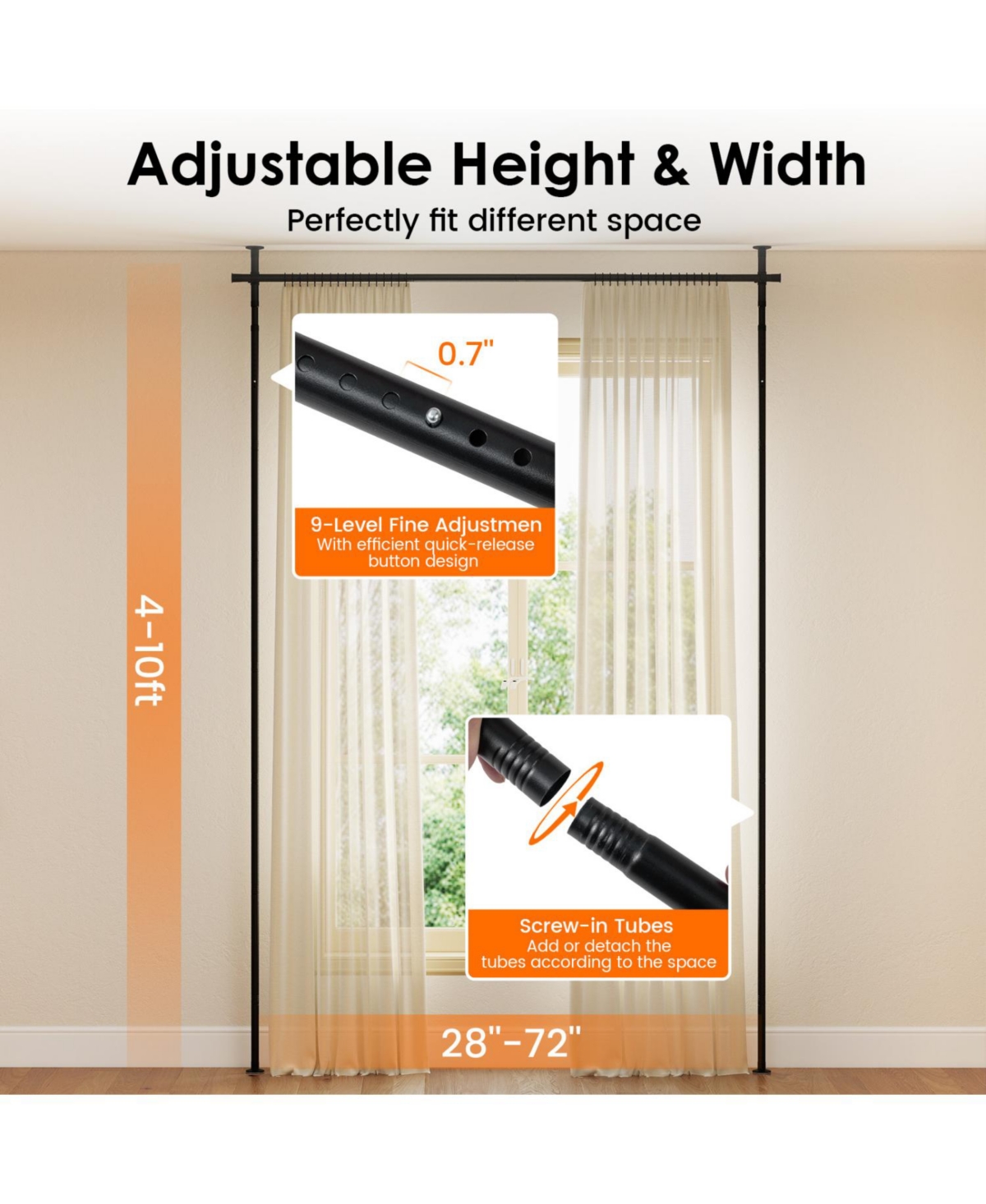 sumyeg Room Divider Curtain Rod with Adjustable Floor to Ceiling Tension Rod No Drilling Required