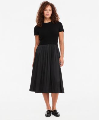 Women's Short-Sleeve Midi Mixed-Media A-Line Dress