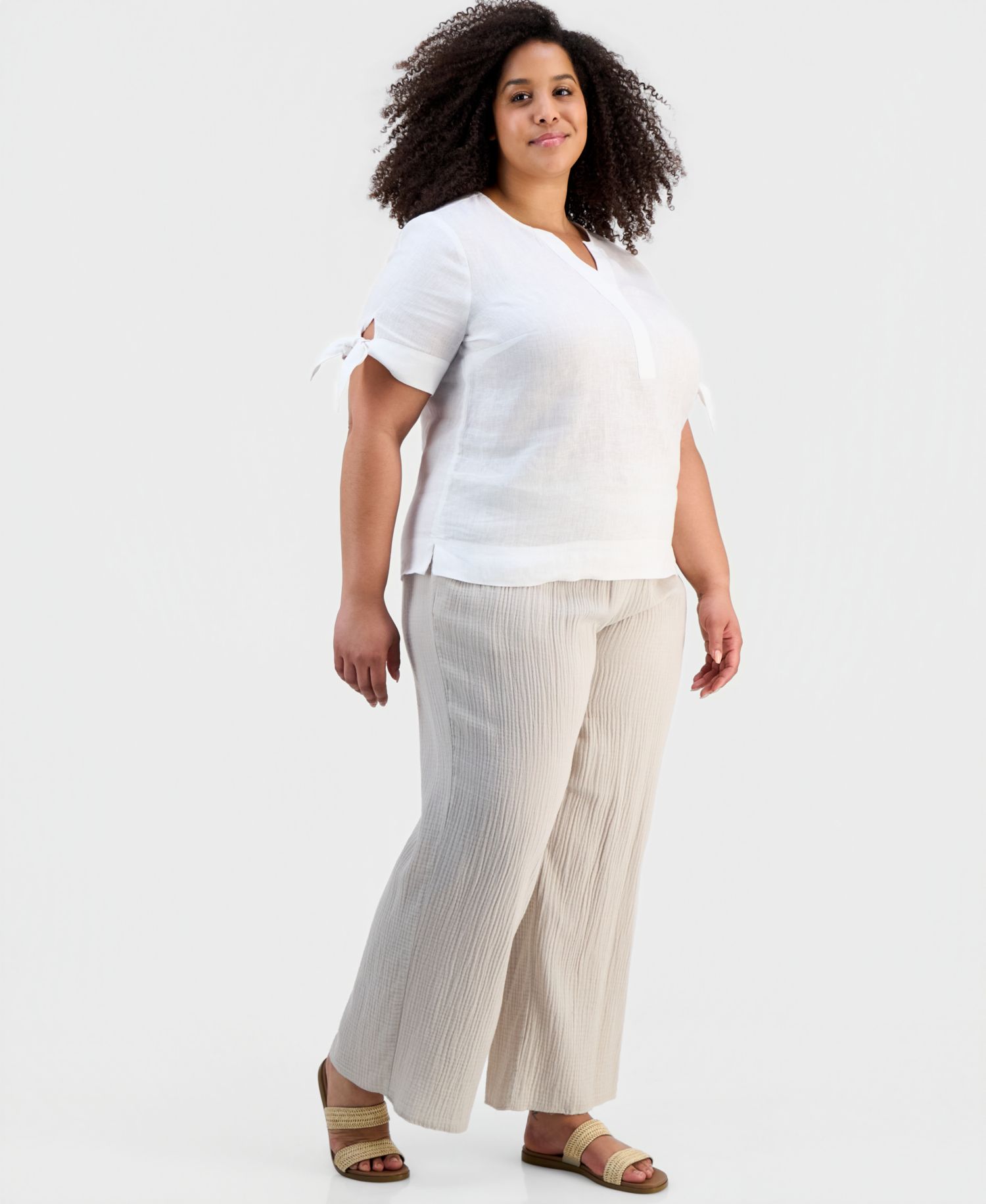 Plus Size 100% Linen Split-Neck Tie-Cuff Top
