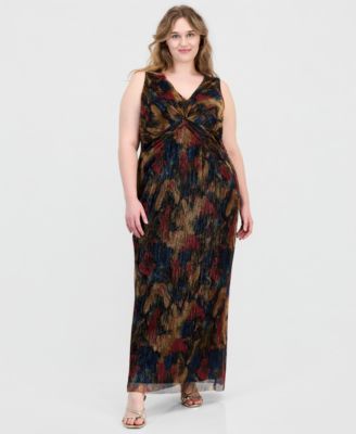 Plus Size Metallic-Print Twist-Front Sleeveless Dress