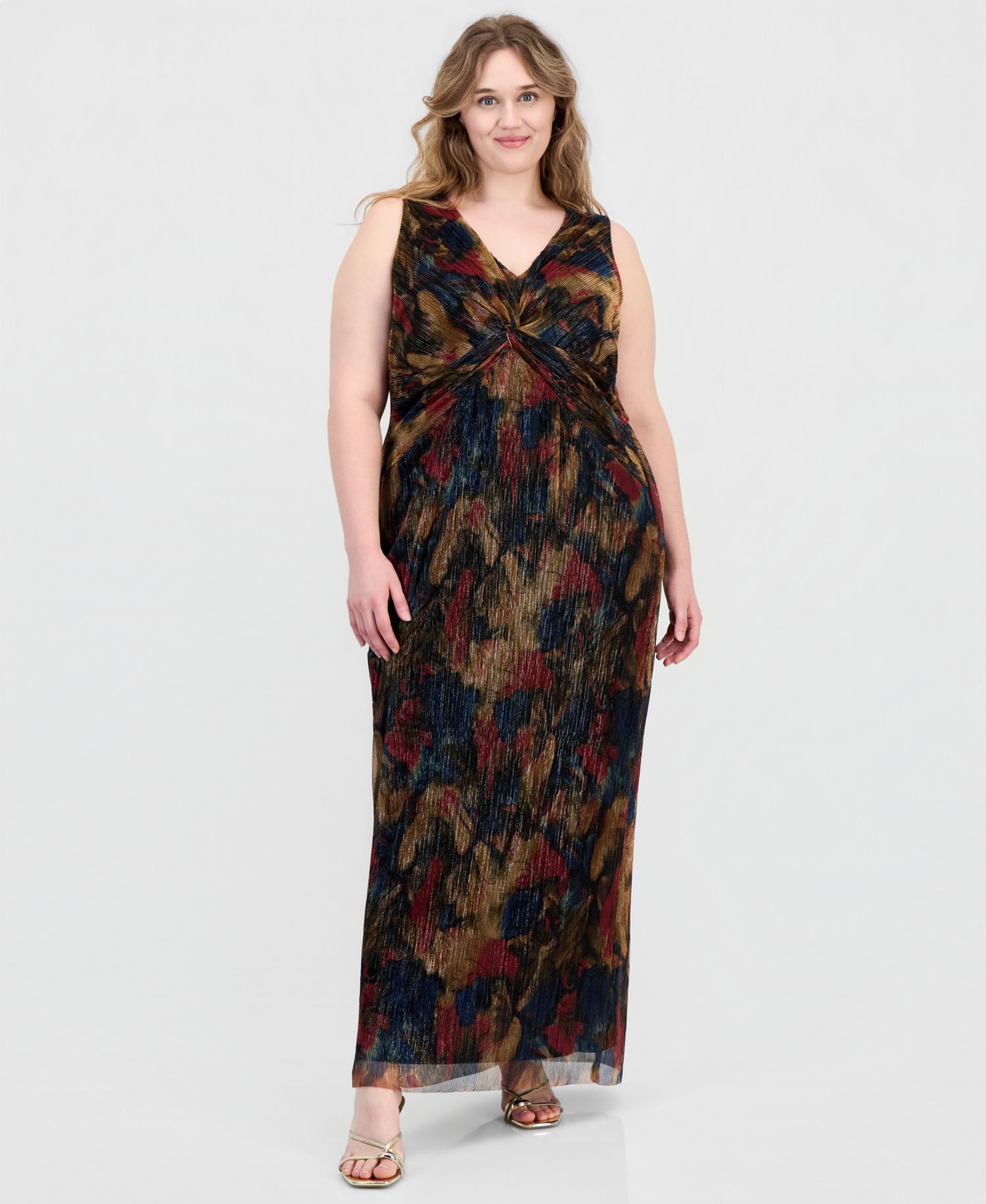 Plus Size Metallic-Print Twist-Front Sleeveless Dress