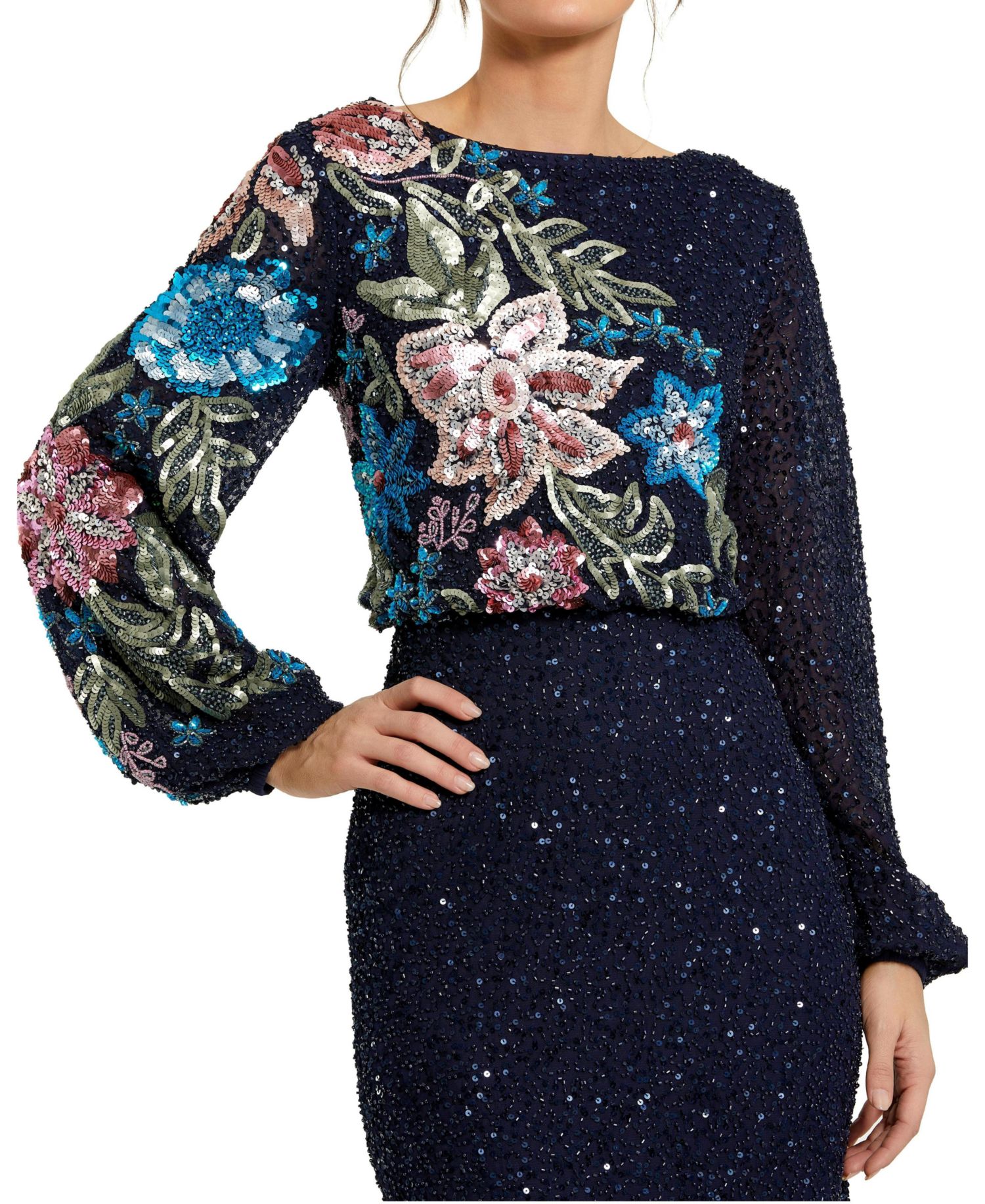 Women's High Neck Blouson Sleeve Sequin Gown