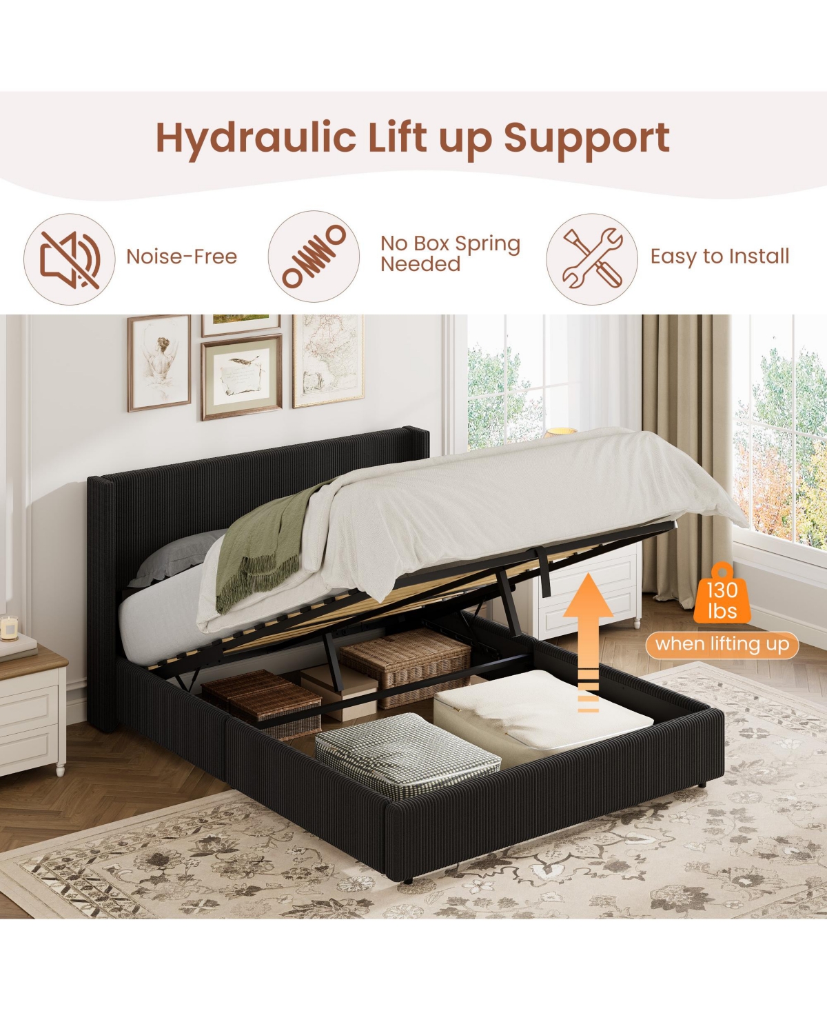 homfan Lift Up Storage Bed, Modern Corduroy Upholstered Platform Bed Frame with Wingback Headboard, Gas Hydraulic Storage