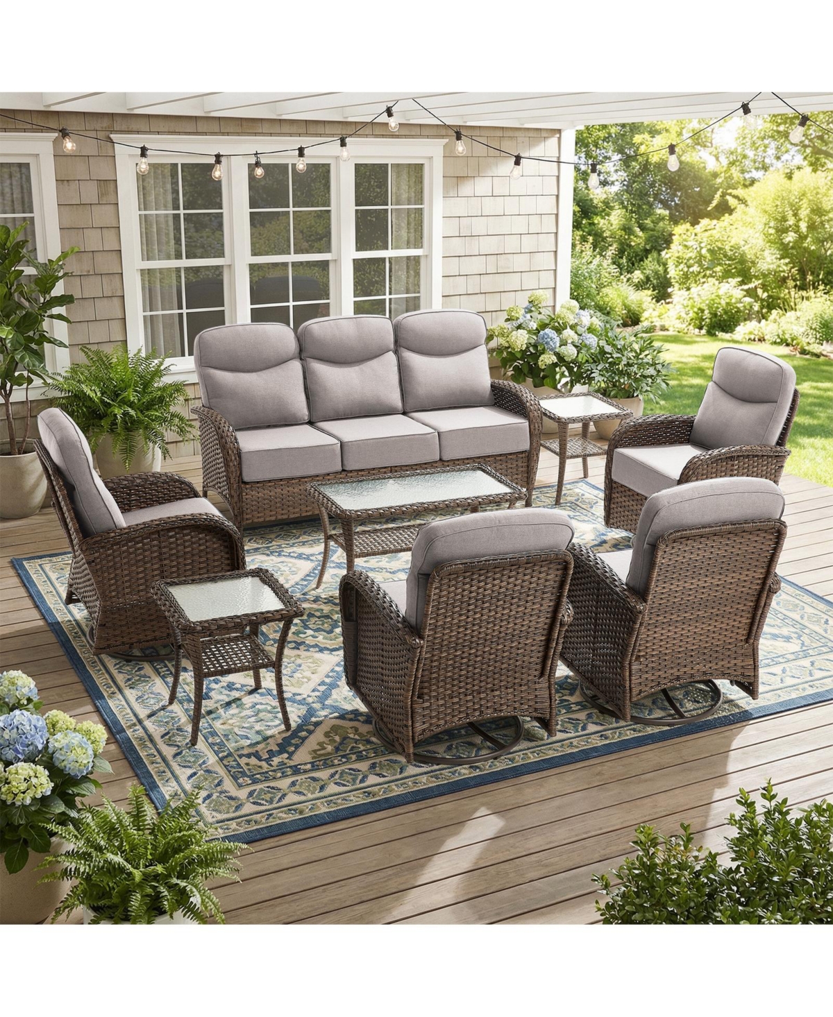 Pocassy Patio Furniture Set with Cushion, Outdoor Couch and High Back Swivel Rocker Chairs, 8PCS Wicker Conversation