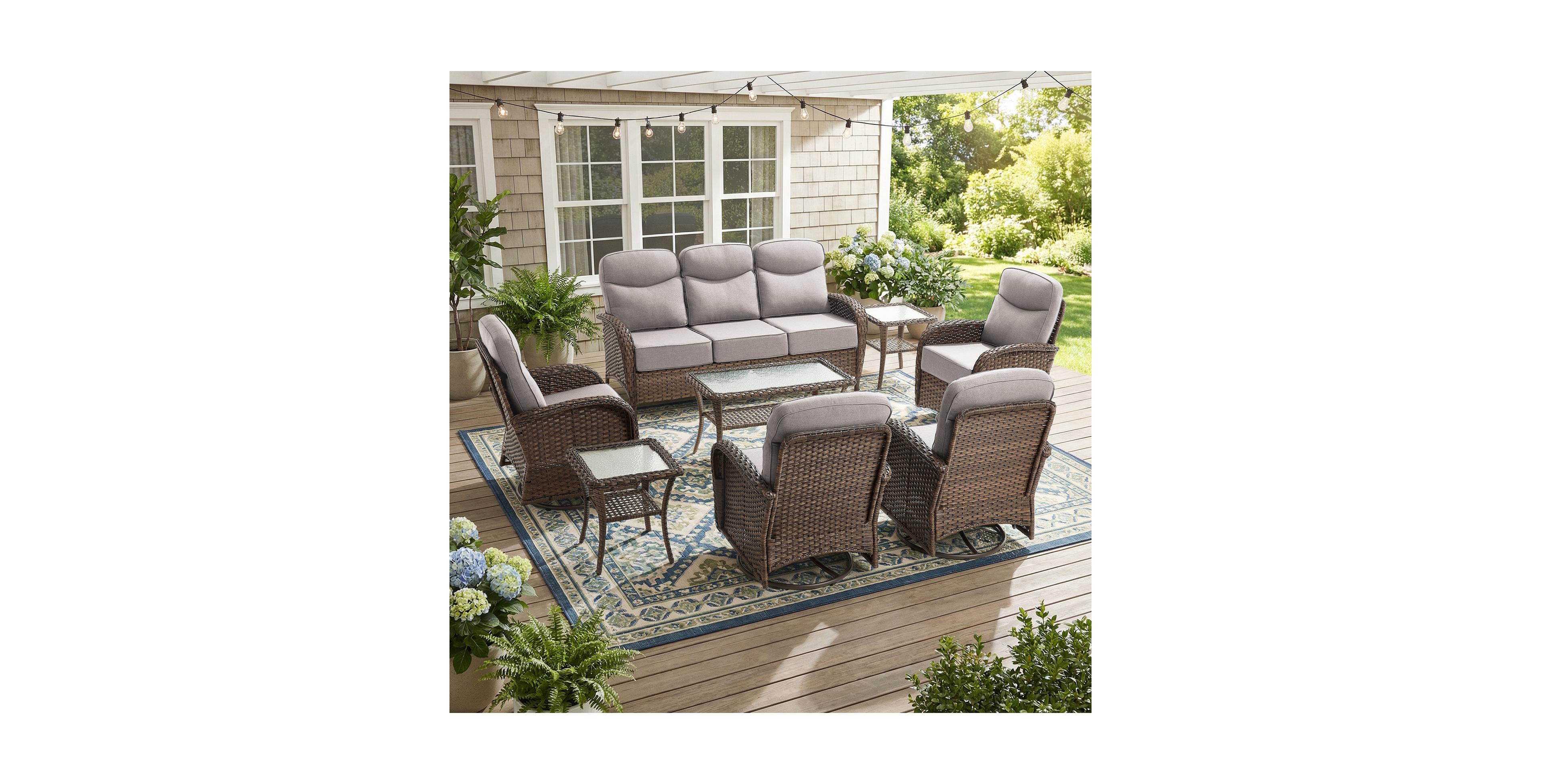 Pocassy Patio Furniture Set with Cushion, Outdoor Couch and High Back Swivel Rocker Chairs, 8PCS Wicker Conversation