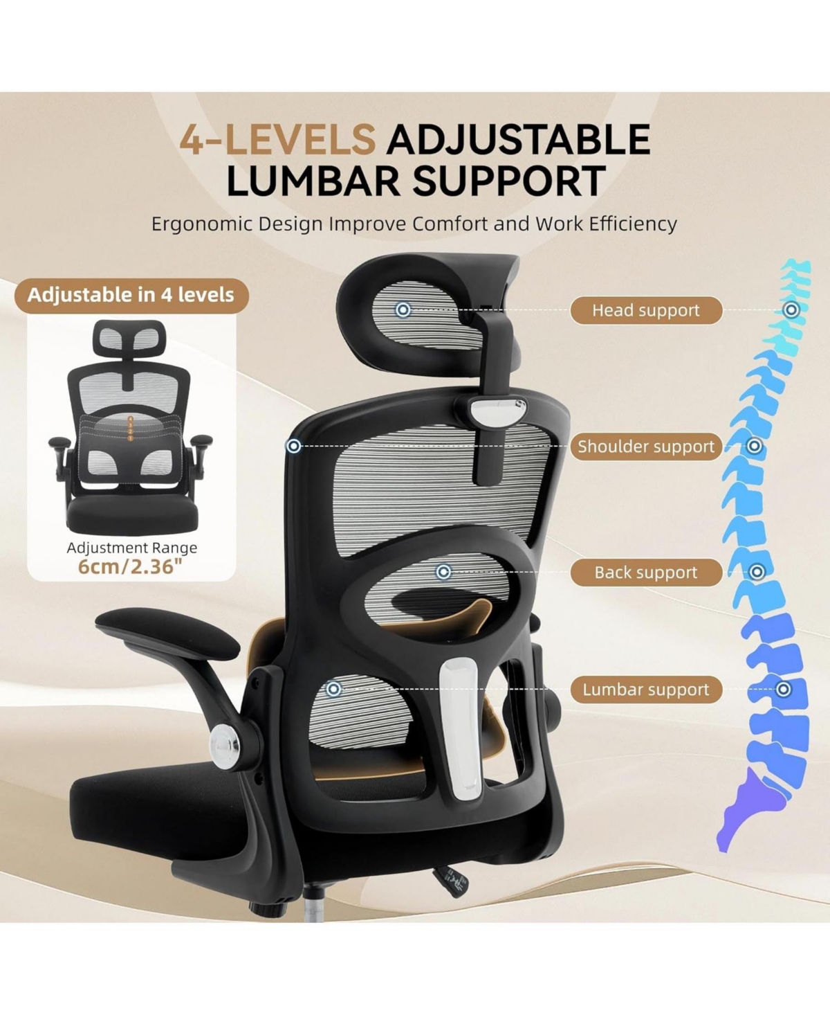 Ergonomic High-Back Mesh Office Chair Adjustable Headrest and Lumbar Support 360degree(s) Swivel Rolling Desk Chair Comfortable Computer Gaming Task