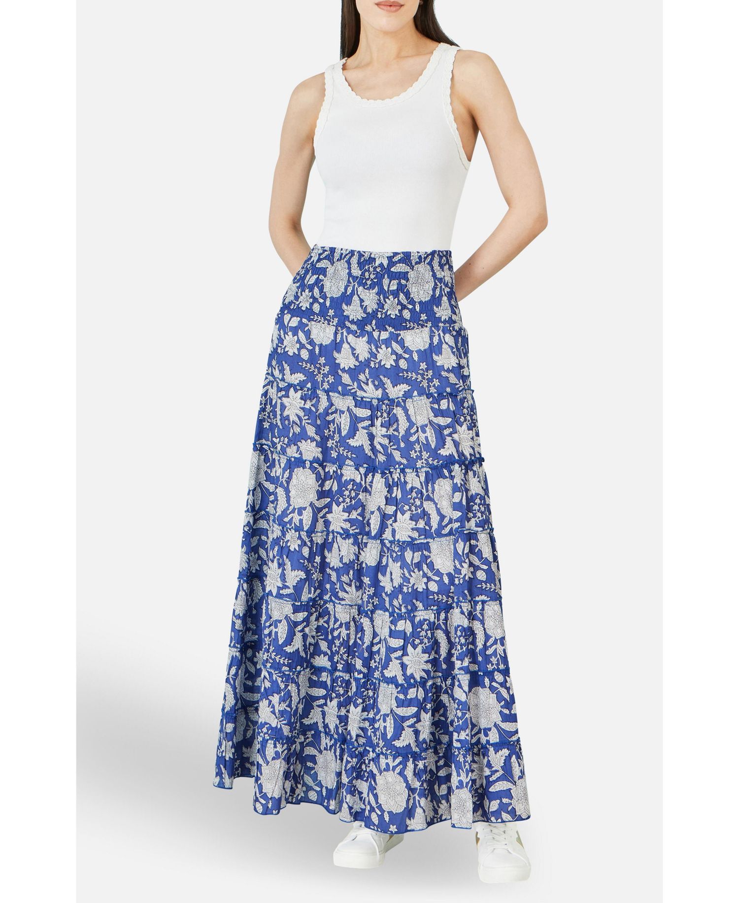 Women's Floral Cotton Tiered Maxi Skirt