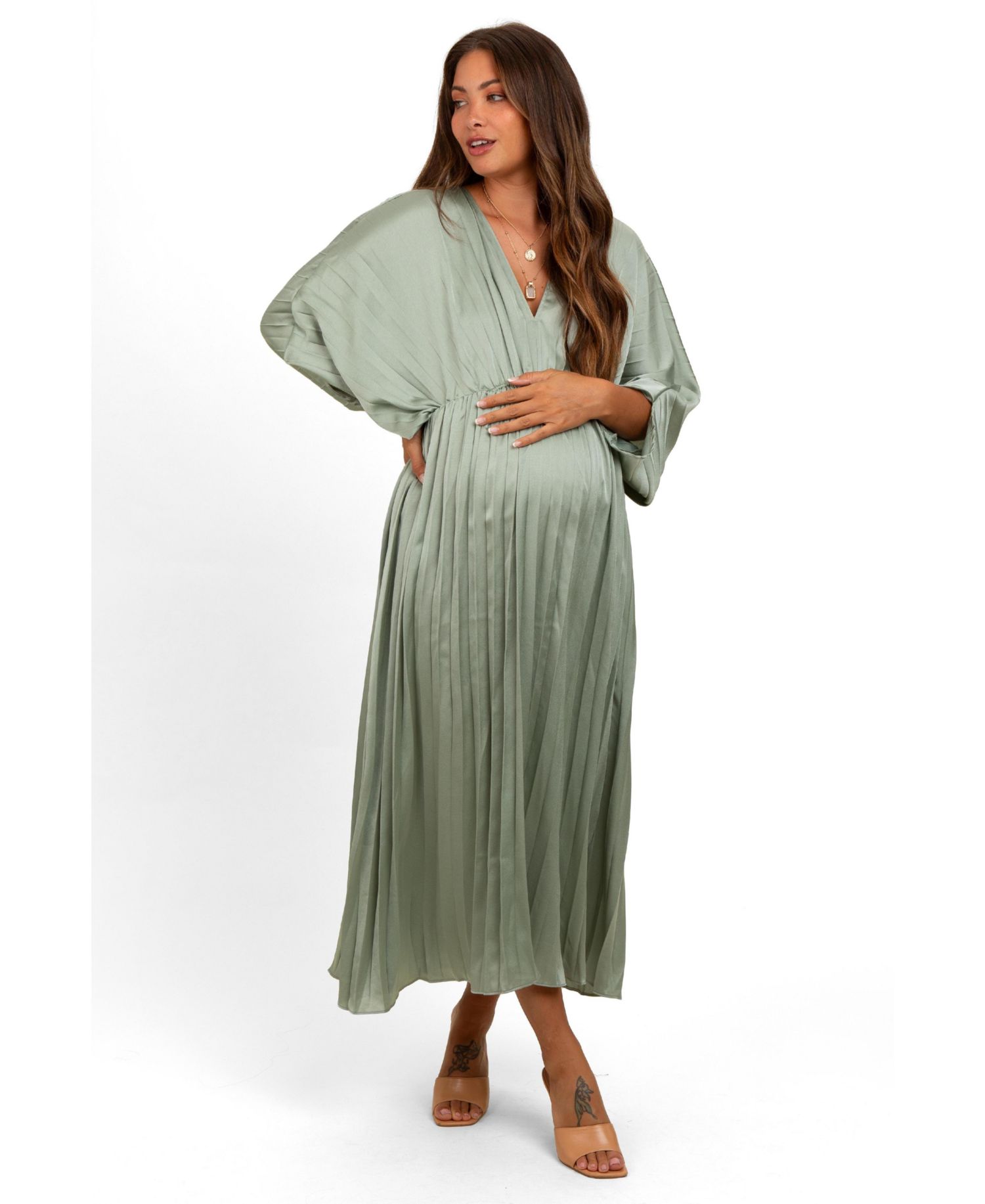 Women's Satin Pleated V-Neck Maxi Dress