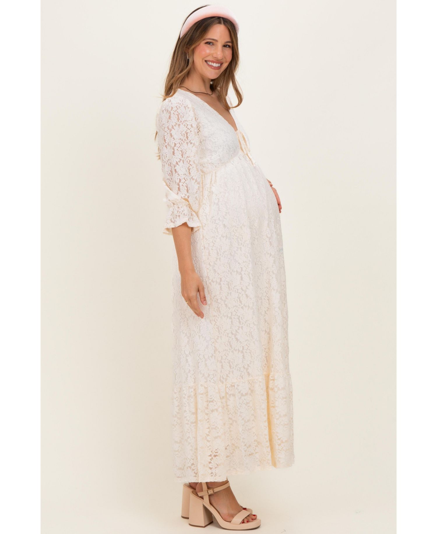Women's Ivory Floral Lace 3/4 Ruffle Sleeve V-Neck Maxi Dress