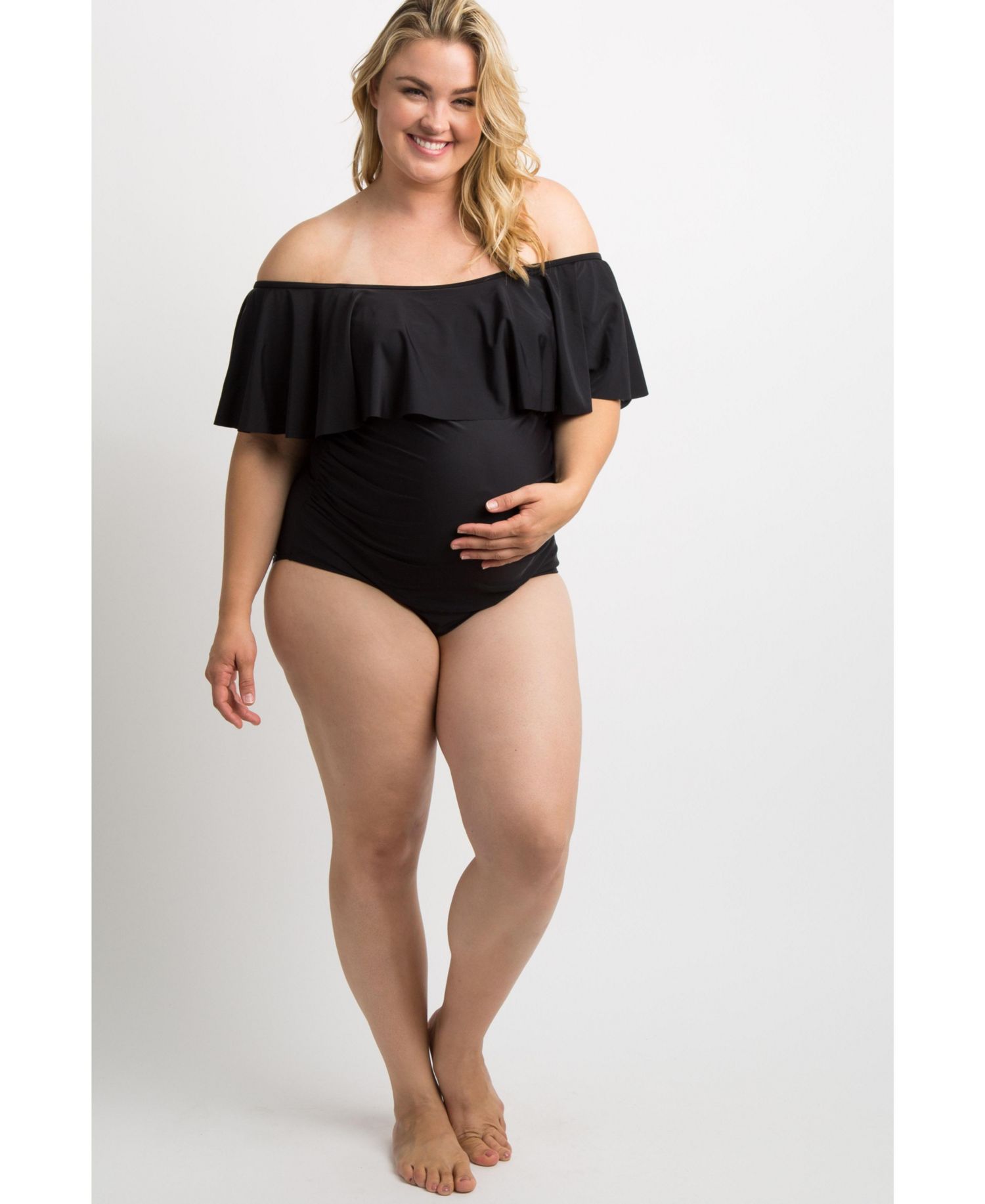 Women's Maternity Ruffle Trim Ruched One-Piece Plus Swimsuit