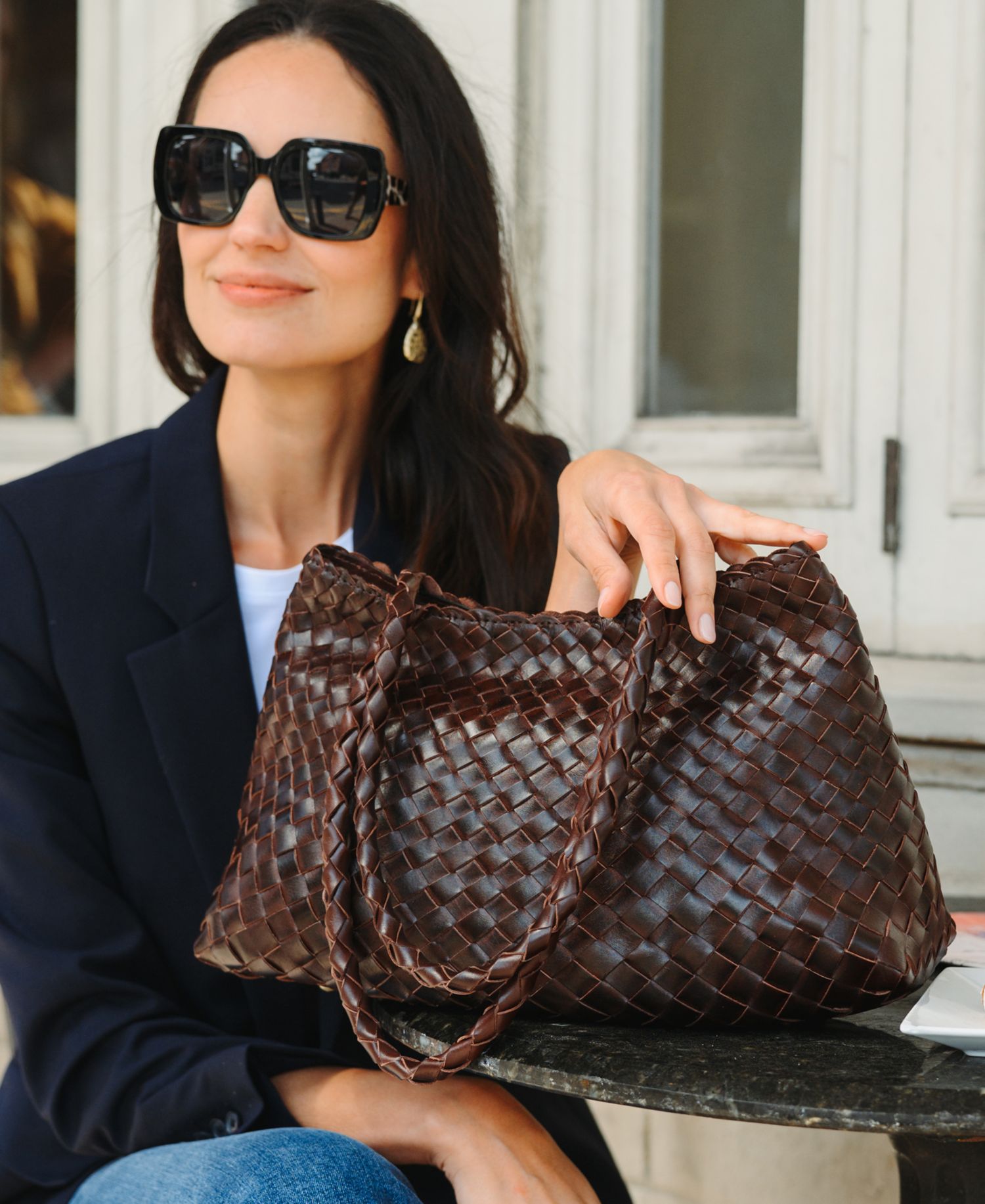 Cheri Large Woven Leather Satchel Handbag