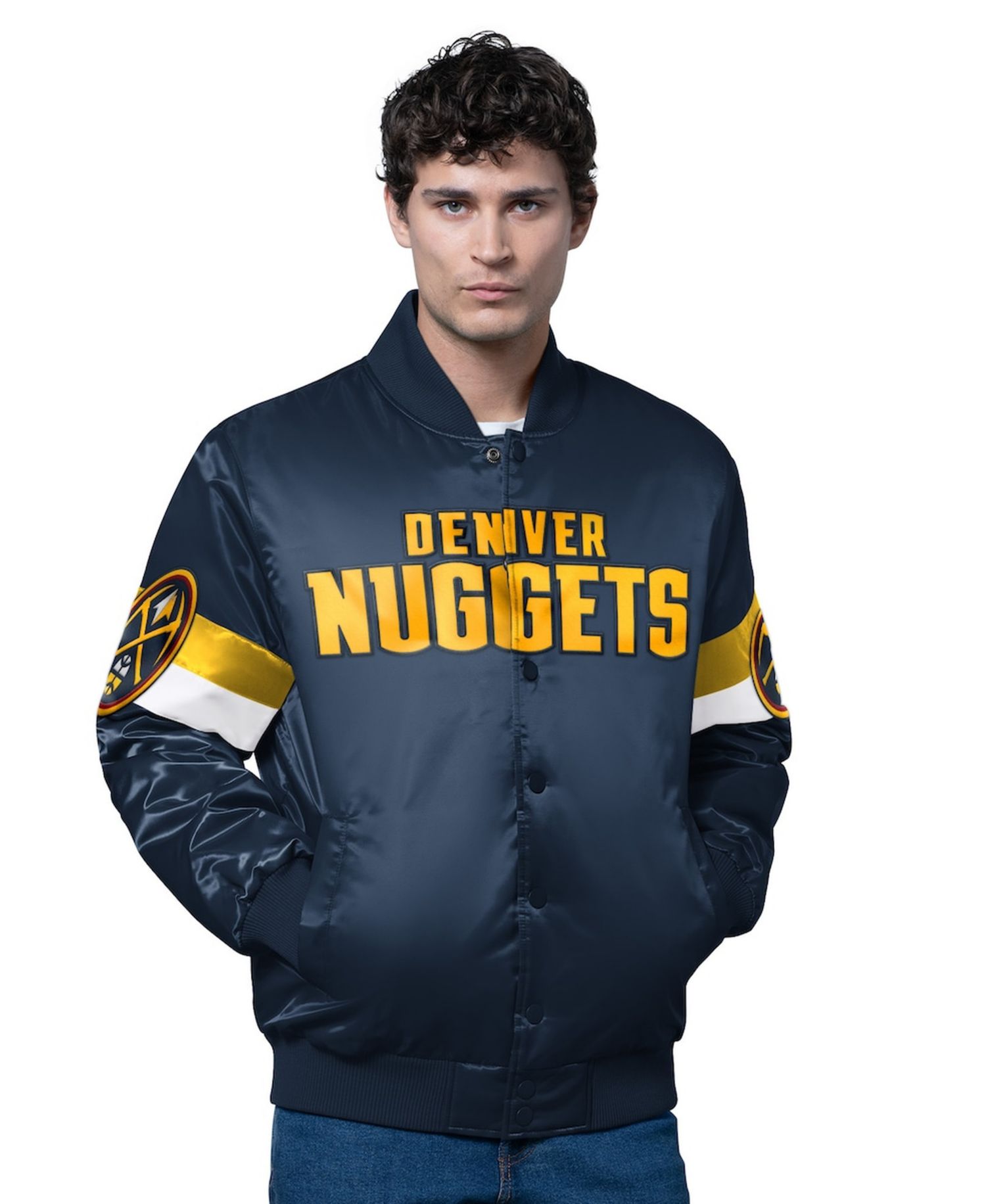Men's Navy Denver Nuggets Triple Option Varsity Full-Snap Satin Jacket