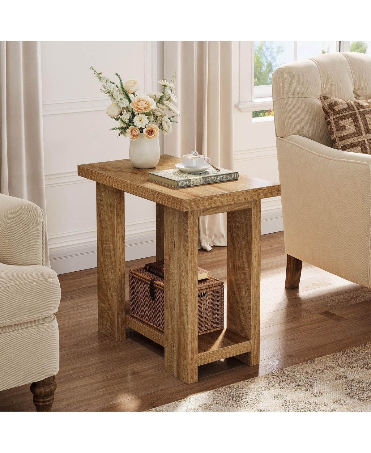 Slickblue 2-Tier Farmhouse End Table with Storage Shelves