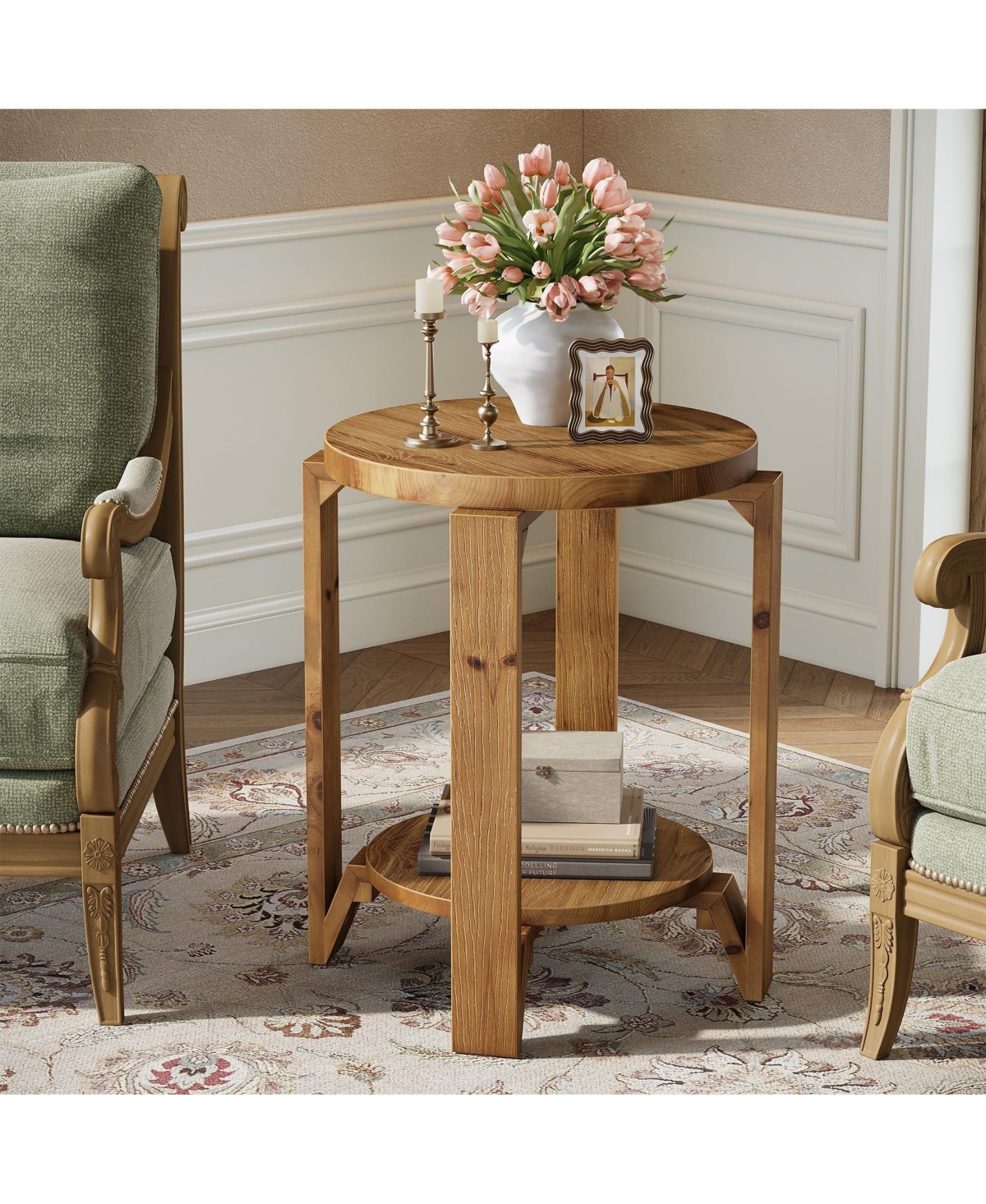 Slickblue 2 Tier Round Sofa Side Table with Storage Shelf Solid Wood Design