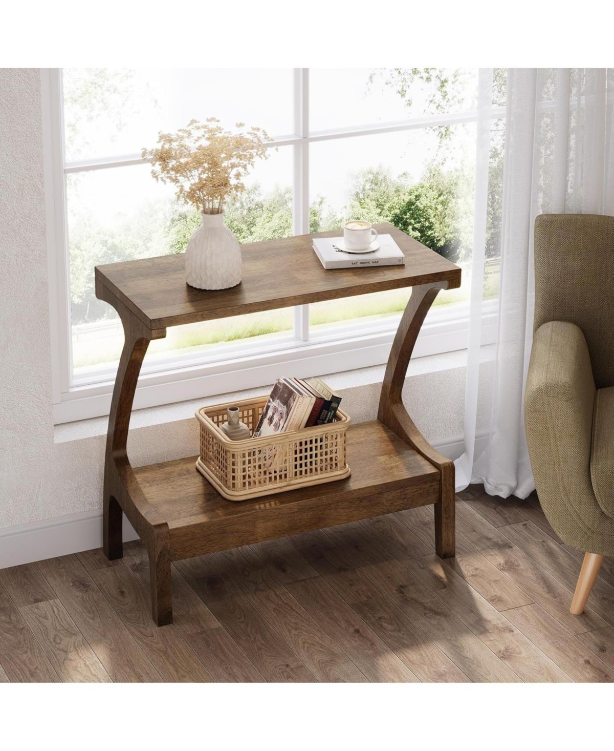 Slickblue Narrow Solid Wood Side Table with Open 2 Tier Storage