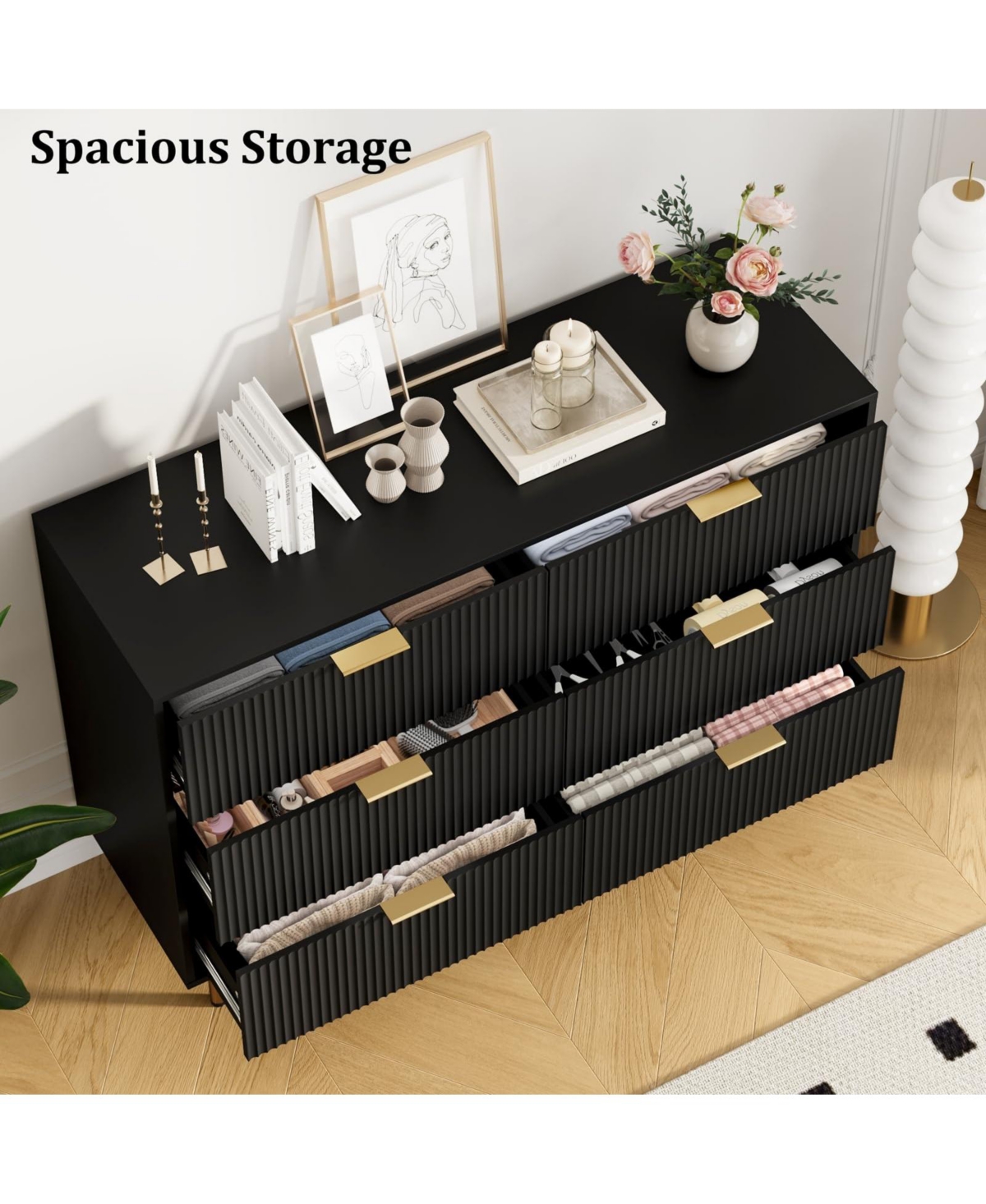 homfan Fluted Wood Dresser 6 Drawers for Bedroom, Large Modern Chest of Drawers, with Faux Marble Top and Handle