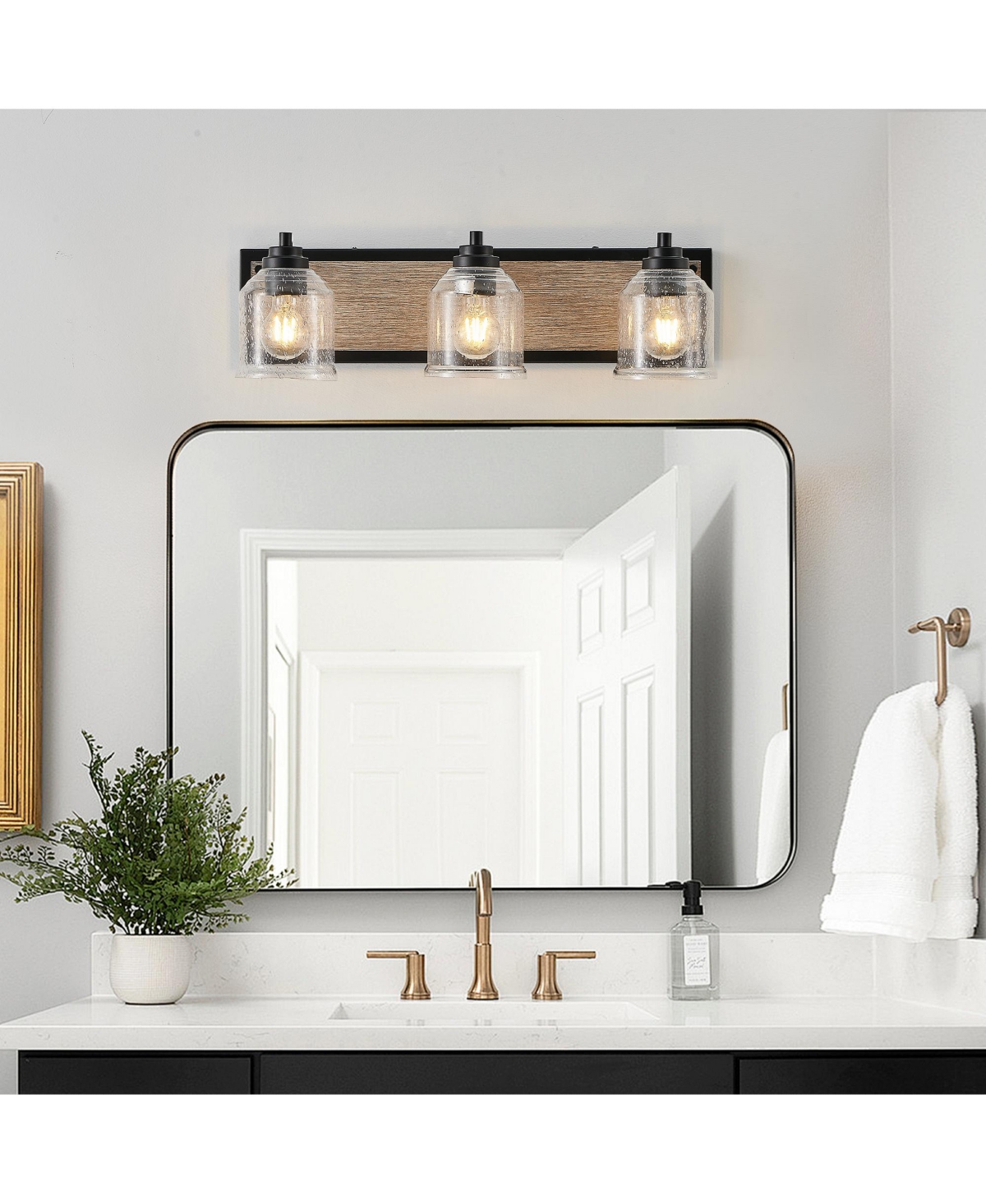 Busdays 23 Inch Farmhouse Vanity Light Fixture 3 Light Bathroom Wall Sconce with Clear Seeded Glass Wood Grain Finish Modern Industrial No Bulbs