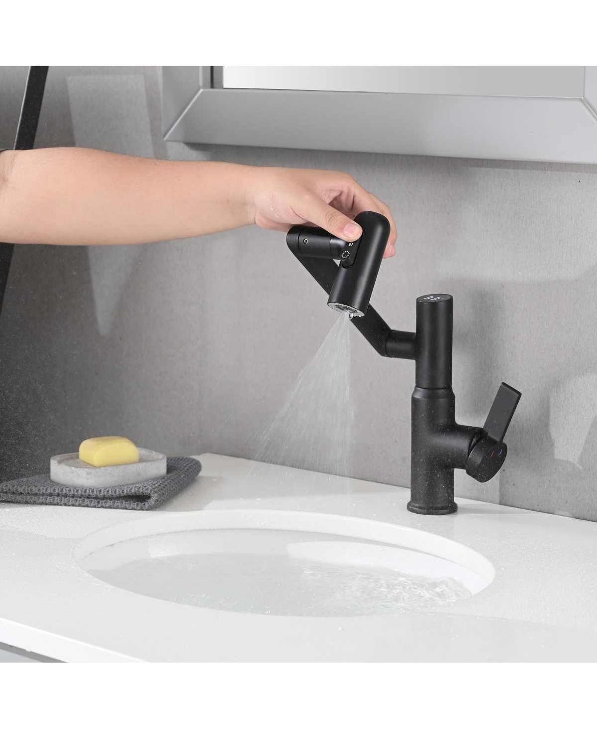 Phying Bathroom Sink Faucet with Spray Function, Temperature Display, Anti-Slip Switch, Hot and Cold Controls, and 360degree(s) Swivel Spout