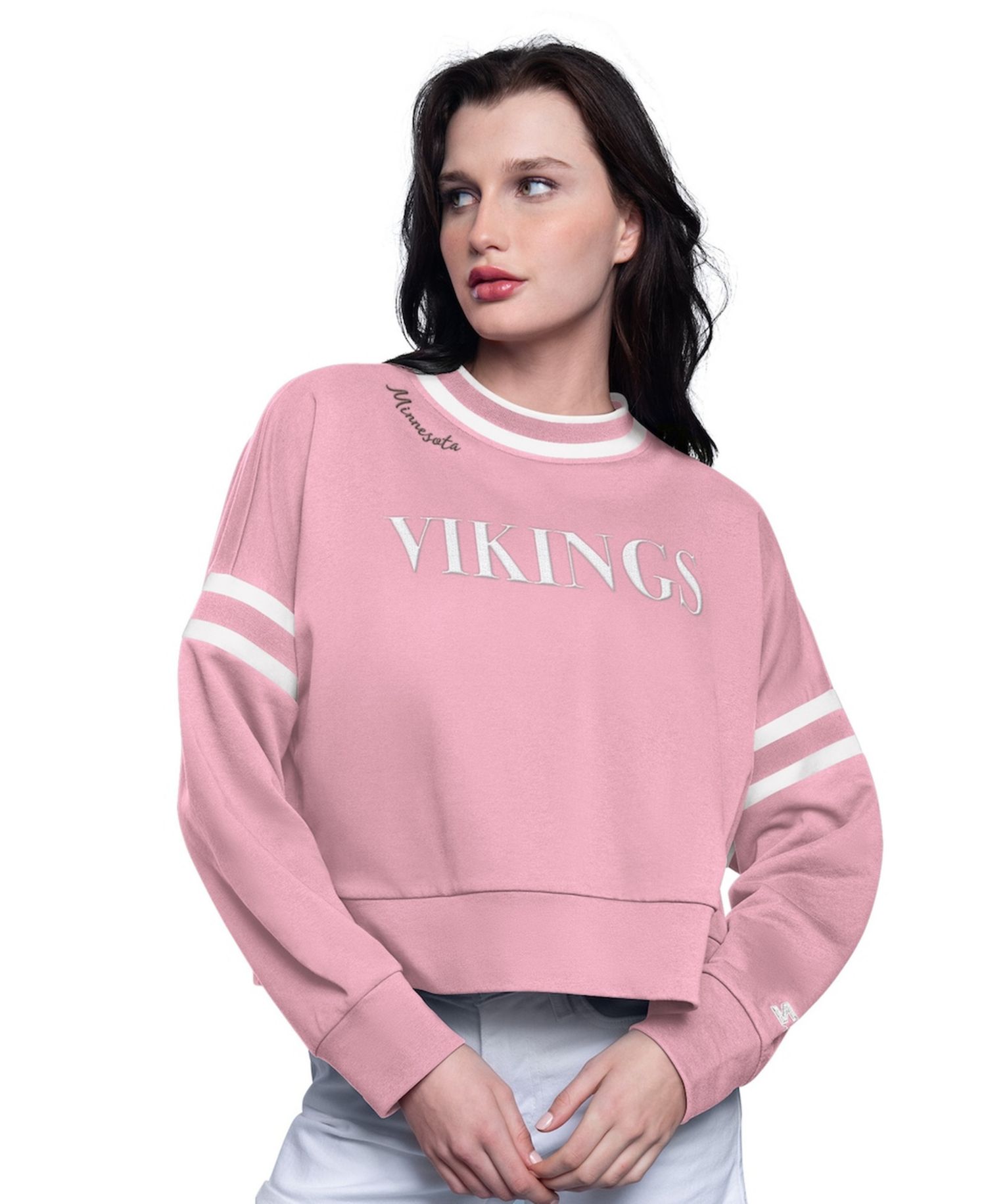 Women's Pink Minnesota Vikings Power Play Cropped Pullover Sweatshirt