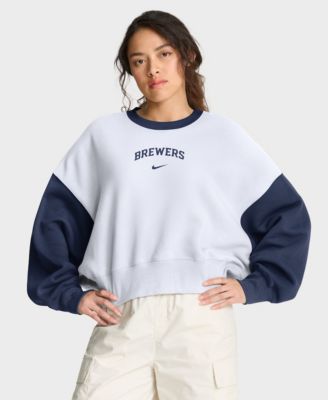 Women's White/Navy Milwaukee Brewers Oversized High Hip Fleece Sweatshirt